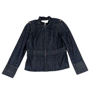 St John Sport Denim Jacket Women's Size M Full Zip Shoulder Pads Button Cuffs
